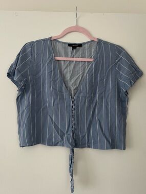 Forever 21 Blue and White Striped Tie-Front Button Top
